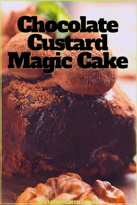 We love cakes that look like weâ€™ve put a tonne of work into them, but arenâ€™t really that hard, like this Chocolate Custard Magic Cake! One bite and you'll fall deeply in love! Troll Cake, Condensed Milk Cake, Milk Tart, Milk Dessert, Chocolate Custard, Stay At Home Mum, Condensed Milk Recipes, Custard Cake, Magic Cake