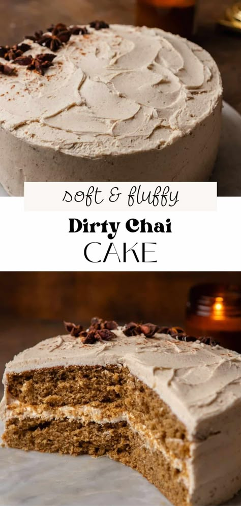 This dirty chai latte cake has a fluffy and moist espresso flavored sponge topped with a silky smooth chai buttercream frosting. All the cozy warming spices make it the perfect Fall cake! Vanilla Chai Cake Recipe, Chai Tea Cake Easy, Brown Sugar Chai Cake, Brown Butter Chai Cake, Chai Birthday Cake, Fall Cakes Flavors, Apple Chai Cake, Dirty Chai Latte Cake, Tea Flavored Cake