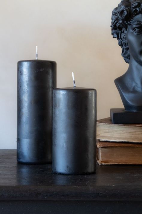 Coloured Pillar Candles, Black Pillar Candles, Marble Pillar, Gold Candle Holders, Standing Candle Holders, Rockett St George, Lounge Ideas, Glass Cloche, Witchy Decor