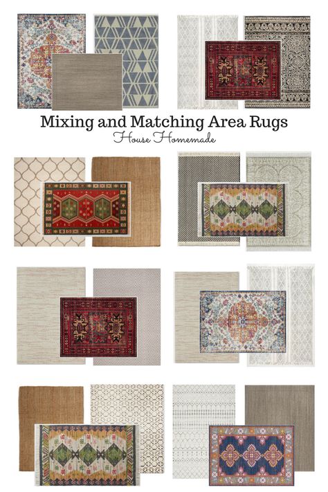 House Homemade: Mixing and Matching Rugs in an Open Floor Plan Mixing And Matching Rugs In Open Floor Plan, Rug For Bar Area, Multiple Rugs In Room, Rug Combinations Living Rooms, Rugs To Go With Patterned Chairs, 3 Rugs In One Room, Rug On Stone Floor, Boho Rug Pairing, Mixing Rugs In Open Floor Plan Kitchen