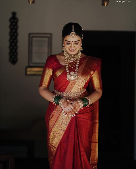 Red Saree Wedding, South Indian Wedding Saree, Engagement Saree, Hair Style On Saree, Bridal Sarees South Indian, Desi Wedding Dresses, Indian Bride Outfits, Hindu Bride, Indian Dresses Traditional