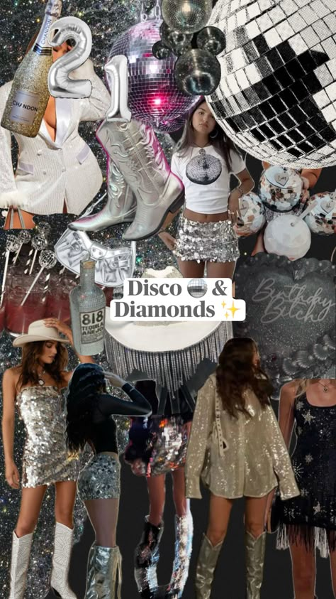 Summer Night Party Ideas, 21 Outfits Birthday, Bling Theme Party Outfit, Disco And Diamonds Party Outfit, Diamonds And Disco Theme, Diamonds Birthday Party Theme, Denim And Rhinestone Outfit Bachelorette, Disco And Diamonds Outfits, Going Out Birthday Ideas