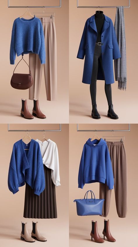 outfits featuring royal blue and neutral beige tones. A royal blue sweater pairs with beige pants and brown ankle boots, creating a sophisticated and warm look. Another outfit includes a blue coat with black leggings, a belt, and matching boots, suitable for chilly days. Additional combinations feature blue cardigans or hoodies with pleated skirts, beige trousers, and accessories like a brown crossbody bag and blue tote. Baby Blue Color Combinations Outfit, Blue Color Outfits, Navy Blue And Brown Outfit, Blue Outfit Combination, Royal Blue Sweater Outfit, Royal Blue Outfit Ideas, Navy Leggings Outfit, Cobalt Blue Outfit, Blue Sweater Outfit