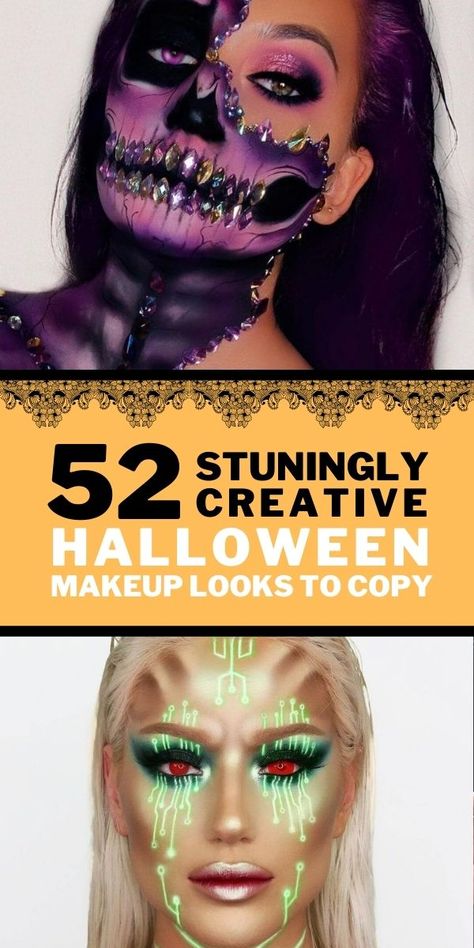 Halloween 2020 is here! And the only thing cooler than a creative Halloween costume for women is a stunningly creative Halloween make-up look. Be it glam Halloween makeup, scary Halloween make up, or a creepy Halloween make up look — you're sure to find some fun make up inspiration here including Disney character Ursula, a pretty unicorn, or scary Freddie Kruger. #halloween2020 #halloweenmakeup #halloweencostume Cool Halloween Makeup For Women, Pretty Makeup For Halloween, Really Cool Halloween Makeup, Pretty Halloween Face Makeup, Full Face Halloween Makeup Ideas, Creepy Halloween Face Makeup, Halloween Effects Makeup, Scary Female Costumes Halloween, Diy Women's Halloween Costumes