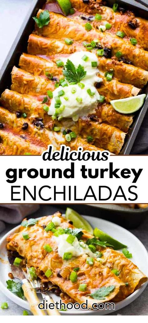 Feast on these Ground Turkey Black Bean Enchiladas! Brimming with juicy turkey and hearty black beans, these cheesy turkey enchiladas are a breeze to whip up and sure to win over any crowd. Turkey Skillet Healthy, The Best Ground Turkey Recipes, Ground Turkey Black Bean Enchiladas, Turkey Black Bean Enchiladas, Ground Turkey Black Bean Recipes, Easy Dinner Ideas Ground Turkey, Easy Dinners Ground Turkey, Healthy Dinner Recipes With Turkey Meat, Dinner Recipes Turkey Ground