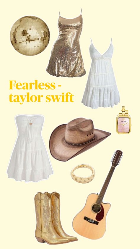 Taylor swift concert outfit ideas, fearless, gold outfits Taylor Swift Costume Ideas Fearless, Taylor Swift Concert Outfit Inspo Fearless, Taylor Swift Evermore Eras Tour Outfits, Taylor Swift Concert Folklore Outfit, Eras Tour Outfits Country, Taylor Fearless Outfits, Eras Tour Outfits Ideas Fearless, Fearless Outfits Taylor Swift Eras Tour, Taylor Swift Outfits Concert Fearless