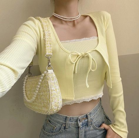 Outfit Croptop, Cutesy Aesthetic, Tie Up Crop Top, Crop Top For Women, Aesthetic Girly, Yellow Outfit, Top For Women, Kpop Outfits, Girly Outfits