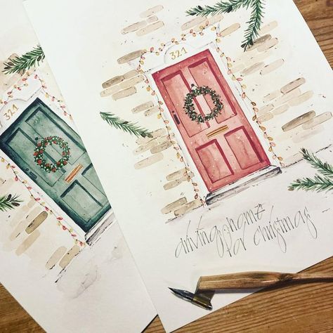 Calligraphy Watercolor, Driving Home For Christmas, Driving Home, Art Tutorials Watercolor, Watercolor Calligraphy, Christmas Card Art, Watercolor Christmas Cards, Home For Christmas, God Jul