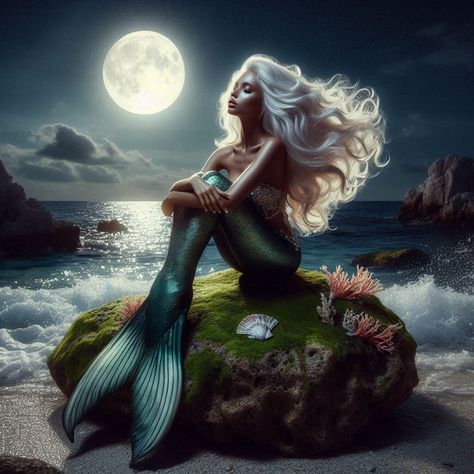 Mermaid with white hair sitting on a rock on the shore under the moonlight Water Faries, Beautiful Mermaid Art, Black Mermaid Art, Sitting Mermaid, Mermaid Stories, Mermaid Quotes, Mermaid Photography, Sea Siren, Mermaid Images