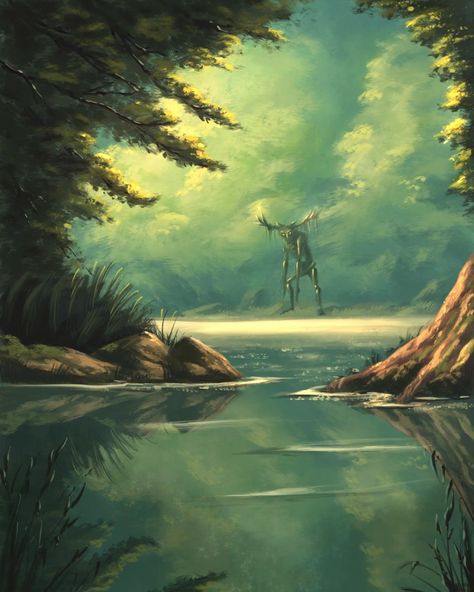 Forest ent water lake green fantasy art drawing painting illustration sketch design Green Forest Fantasy Art, Forest With Lake Drawing, Lake Scene Drawing, How To Draw Lake Water, Cute Forest Painting, Fantasy Illustration Art Scenery, Pond Landscaping Drawing, Lake Illustration Water, Fantasy Forest Illustration