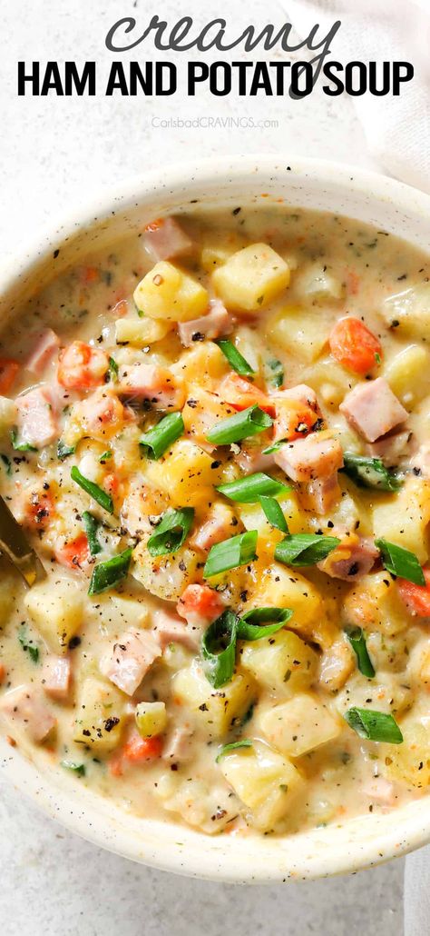 This Ham and Potato Soup recipe is loaded with buttery potatoes, savory ham and cheese for a creamy, hearty, satisfying dinner the whole family will love! #soup #souprecipes #souprecipeseasy #dinner #dinnerrecipes #dinnerideas #dinnerideas #recipe #recipeoftheday #recipeideas #recipesfordinner #onepot #onepotwonder #creamysoup #leftoverham #hamsoup #potatosoup #hampotatosoup #easyrecipe #easydinner #comfortfood Potatoes Soup With Hashbrowns, Ham And Potato Cheddar Soup, Potatoe And Ham Soup In Crockpot, Ham Bean And Potato Soup Recipes, Ham Chili Recipe, Ham Bacon Potato Soup, Creamy Ham Potato Soup, Loaded Ham And Potato Soup, Ham And Potato Soup With Ham Bone