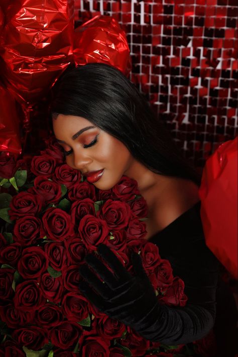 Red roses Valentine day photoshoot. Black girl Valentine day shoot. Roses. Black girl in luxury Valentine Day Photoshoot Black Women, Valentines Day Shoot Black Women, Galentines Shoot, Valentine Day Photoshoot, Vampire Shoot, Rose Vampire, Roses Photoshoot, Day Photoshoot, Vday Shoot