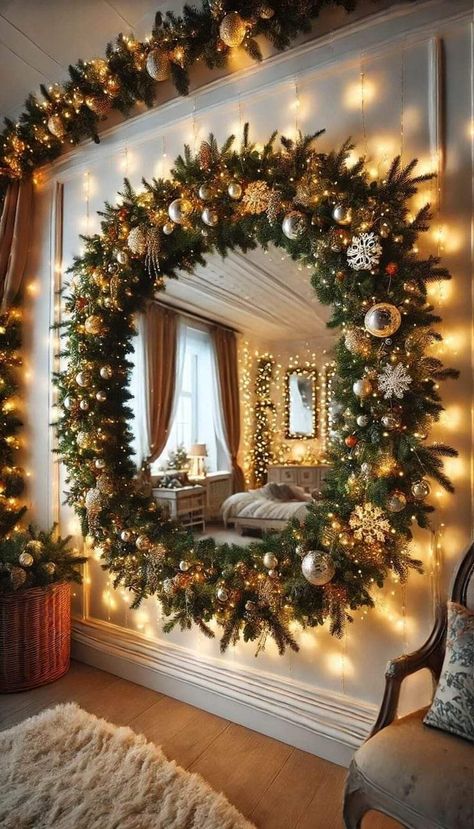 Christmas Tree Wall Decor Ideas, Wreath Wall Christmas, Christmas House Tours Holiday Decorating, Mirror Wreath Decor, Christmas Decoration 2024 Trends, Christmas Elegant Decor, New Years Tree Ideas, Magical Christmas Tree, Happy New Year Decor