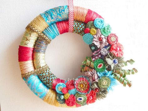 Aunt Peaches, Bohemian Christmas, Christmas Crochet Pattern, Fabric Wreath, Yarn Wreath, Xmas Wreaths, Granny Chic, Boho Christmas, Handmade Wreaths