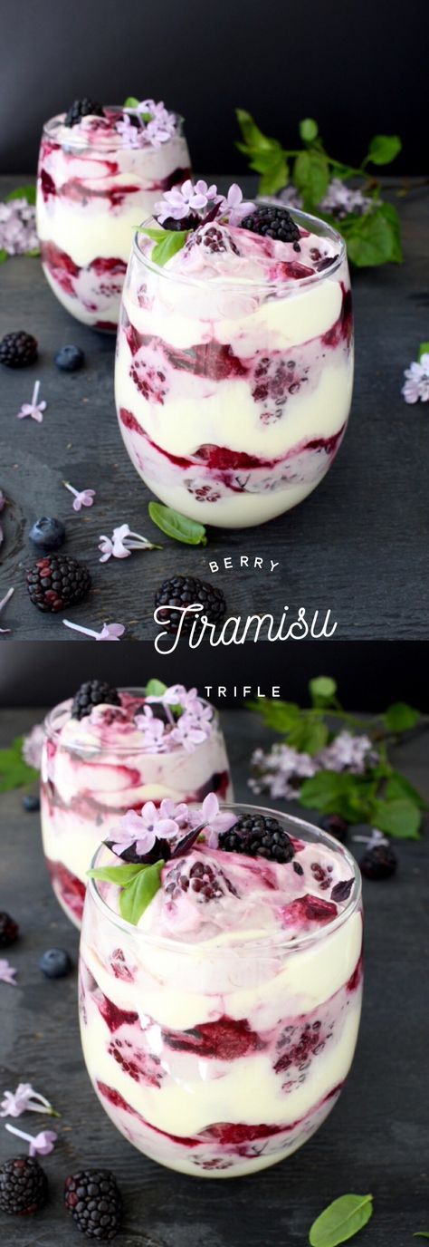 Tiramisu Trifle Recipe, Blueberry Puree, Berry Tiramisu, Tiramisu Trifle, Crunchy Food, Mascarpone Cream, Trifle Desserts, Brownie Desserts, Trifle Recipe