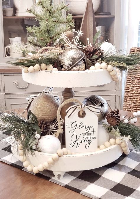 Christmas Tier Tray Decor Ideas, Table Centerpieces For Home Christmas, Christmas Tiered Tray Ideas, Tennessee Farmhouse, Winter Table Centerpieces, Christmas Tray Decor, Winter Tiered Tray Decor, Countertop Inspiration, Farmhouse Winter Decor