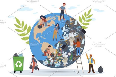 #People #Clean #Planet #Mountain #Garbage #Plastic #Bottle #Waste #Dish #Human #Tiny #Collect #Volunteer #Junk #Safe #Reuse #Reduce #Ocean #Leaf #Bag #Protect #Water #Plant #Woman #Man #Container #Ecological #Globe #Protection #Organic #Bio #Global #Recycling #World #Eco #Trash #Care #Green #Concept #Save #Recycle #Pollution #Flat #Ecology #Vector #Environment #Illustration #Earth #Cartoon #Character  People clean planet. Globe in mountain of garbage from plastic bottles waste dishes, women and Mother Earth Drawing, World Environment Day Posters, Pro Planet, Clean Up Day, Earth Drawings, Save Our Earth, Globe Art, Planets Art, World Environment Day