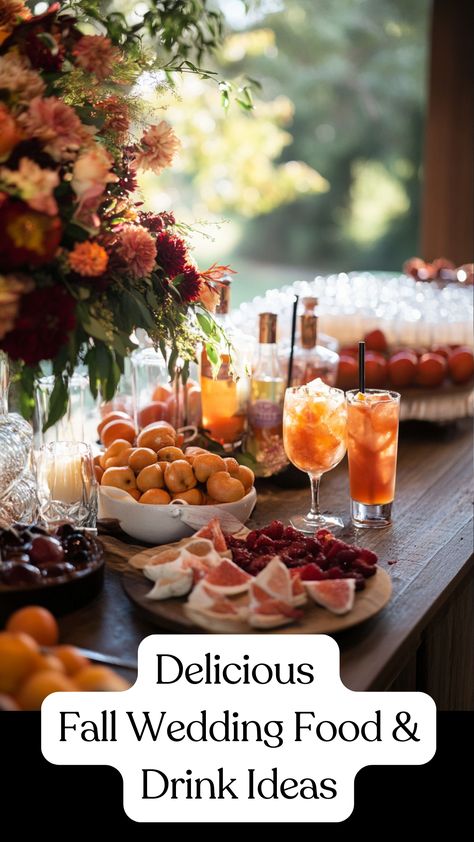 Cozy fall wedding food and drink ideas featuring seasonal cocktails and comfort dishes for a September celebration. Fall Wedding Buffet Ideas Food Stations, Fall Wedding Dinner Menu Ideas, Fall Wedding Menu Ideas, Fall Wedding Food, Fall Dinner Menu, Fall Wedding Drinks, Fall Wedding Menu, Small Plates Menu, Autumn Wedding Food