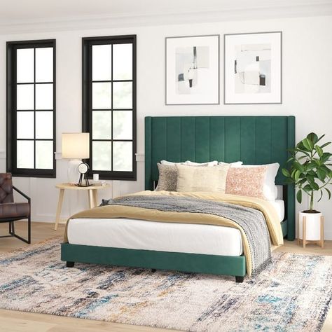 Upholstered Platform Bed with Wingback Headboard - On Sale - Bed Bath & Beyond - 37248671 Small Bedroom Decor Ideas For Women, Headboard Bedroom Ideas, Green Headboard, Small Bedroom Decor Ideas, Black Bedroom Decor, Luxury Bedroom Furniture, Wingback Headboard, Small Bedroom Decor, Bedroom Headboard