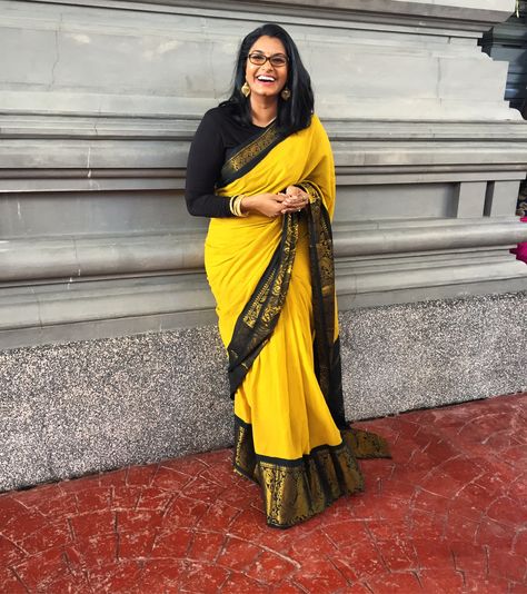 Yellow Saree With Black Blouse, Black Full Sleeve Blouse, Mango Yellow, Full Sleeve Blouse, Kerala Saree, Beautiful Sarees, Border Saree, Simple Sarees, Yellow Saree