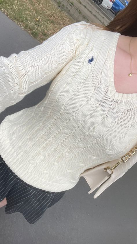 Polo Ralph Lauren Knit Sweater Outfit, White Ralph Lauren Sweater Outfit, Ralph Lauren V Neck Sweater Outfit, White Knit Polo Sweater, Polo Knit Sweater Outfit, Ralph Lauren Knit Sweater Outfit, Aesthetic Wishlist Ideas, Tight Sweater Outfit, White Jumper Outfit