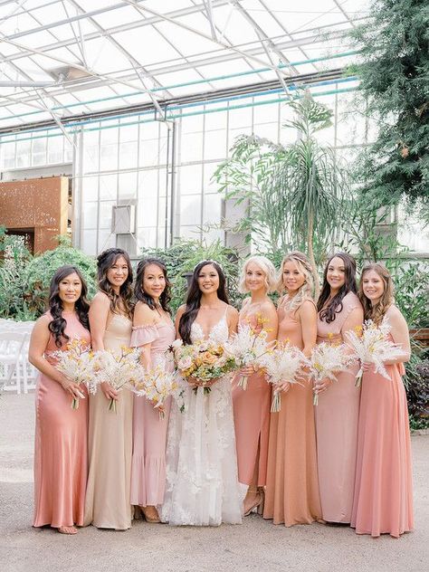 Blush bridesmaids Melon Color Dress, Peachy Orange Bridesmaid Dresses, Blush Peach Bridesmaid Dresses, Hawaiian Shirt Wedding Party, Pink And Orange Bridesmaids Dresses, Pink And Peach Bridesmaid Dresses, Dusty Coral And Blush Wedding, Peach Bridesmaids Dresses, Peach Pink Bridesmaid Dresses