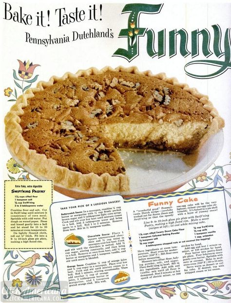 Funny Cake recipe: A Pennsylvania Dutch treat (1949) - Click Americana Funny Cake Recipe, Dutch Desserts, Pennsylvania Dutch Recipes, Vintage Dessert, Vintage Cooking, Amish Recipes, Dutch Recipes, Pennsylvania Dutch, Retro Recipes