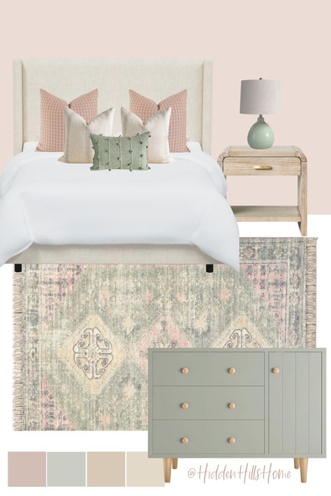 Cute girls bedroom decor mood board with blush pink and sage green color palette! Girls room decor ideas Pink And Green Coastal Bedroom, Green Coastal Bedroom, Green Girls Bedroom, Tilly Upholstered Bed, Girls Bedroom Green, Green Girls Rooms, Green Bedrooms, Pink Bedroom For Girls, Pink Girl Room