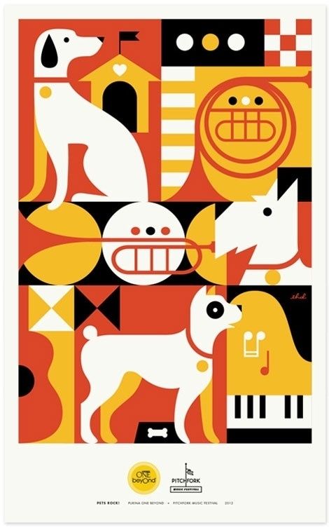 grain edit · Pets Rock Posters #illustration #geometric #music #dog #eight hour day #horn #piano #pets rock Purina One, Best Posters, 카드 디자인, Rock Posters, Wow Art, Ui Inspiration, Dog Illustration, Festival Posters, Beautiful Posters