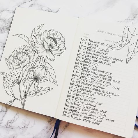 bullet journal idea | bujo index | floral embellishment peonies Bujo Table Of Contents, Bullet Journal Table Of Contents, Journal Table Of Contents, Index Bullet Journal, Drawing Peonies, Peonies Drawing, Bullet Journal Index, Peony Drawing, Bullet Journal Key