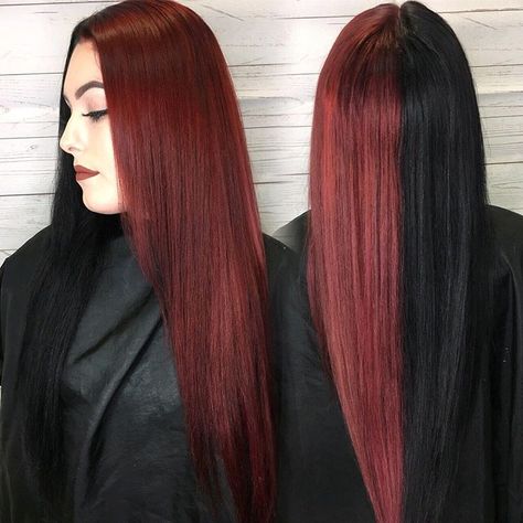 Getting vampire vibes off this auburn red + black split 🧛🏻‍♀️ Used @kenraprofessional 1N + 4R/6RR @olaplex in all formulas #behindthechair Dark Red And Black Split Dye, Split Red Hair, Red And Brown Split Dye, Split Dye Red And Black, Black And Red Split Dye, Red And Black Split Dye, Vampire Vibes, Dark Auburn Hair, Split Dye