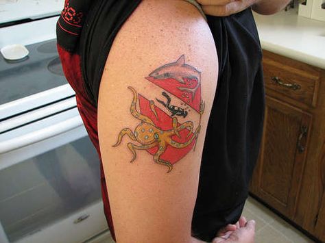 Diver Down Flag w/Shark and Octo Dive Flag Tattoo, Diving Tattoo, Diver Tattoo, Pirate Ship Tattoo, Flag Tattoos, Dove Tattoo Design, Dive Flag, Dove Tattoos, Diver Down