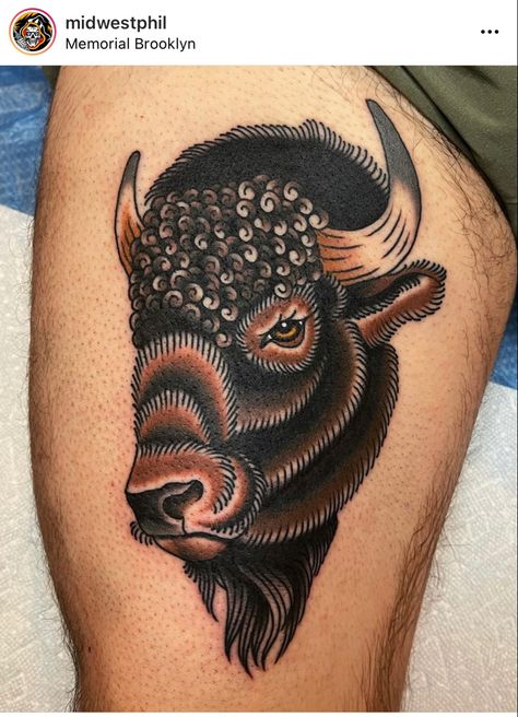 American Traditional Bison Tattoo, Bison Tattoo Traditional, American Traditional Buffalo, Traditional Buffalo Tattoo, Large Traditional Tattoo, Buffalo Tattoo Ideas, Traditional Western Tattoo, Turkey Tattoos, Traditional Back Tattoo