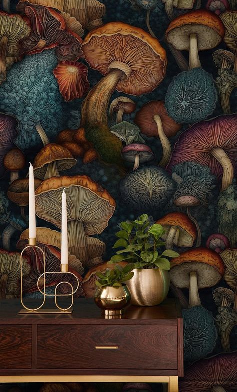 Dark Vintage Mushroom Wallpaper Wall Decor Home Renovation Wall Art Peel and Stick or Non Self-adhesive Vinyl Wallpaper - Etsy Ireland Bookshelves With Wallpaper, Vintage Mushroom Wallpaper, Mushroom Interior, Nature Wallpaper Home, Unique Wall Ideas, Vintage Kitchen Wall Decor, Vintage Mushroom Decor, Cutest Wallpaper, Mushroom Home Decor