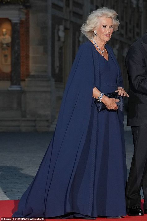 Is this the best Camilla has ever looked? Queen's glowing make-up was a 'masterclass in timeless glamour', expert claims | Daily Mail Online Royal Mother Of The Bride Dresses, Royal Gowns, State Banquet, Dior Gown, Navy Gown, The Palace Of Versailles, French Royalty, Camilla Duchess Of Cornwall, Queen Consort