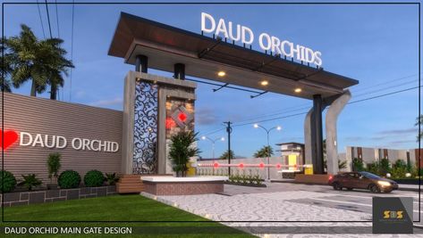 Layout Entrance Arch Design, Resort Gate Design Entrance, Colony Gate Design, Entrance Gates Design Architecture Front Entry, Gapura Design, Gated Community Entrance, Boundary Wall Design Ideas, Boundary Wall Ideas, Town Entrance