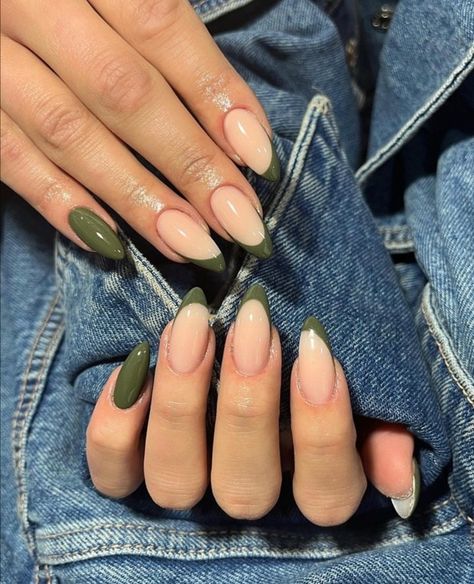 Olive Green Nail Art Designs, Olive French Tip Nails Almond, Simple Green Nails Almond, Almond Shaped Olive Green Nails, Green Nail Designs Almond Shape, Olive Shaped Nails, Short Almond Nails Olive Green, Olive Almond Acrylic Nails, Olive Green Nails Oval