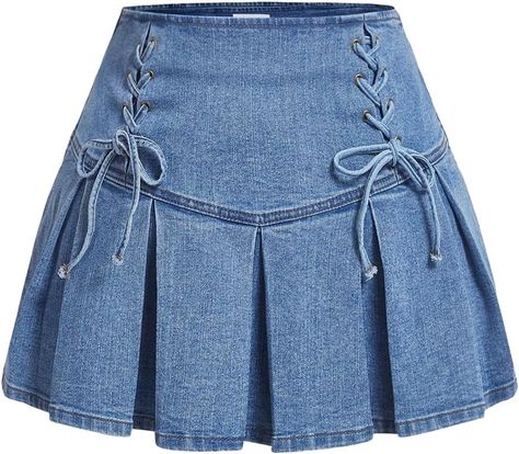 Amazon.com: SweatyRocks Women's Plus Size Lace Up Front High Waist A Line Pleated Mini Denim Skirt Light Wash 4XL : Clothing, Shoes & Jewelry Plus Size Denim Skirt Outfit, Denim Pleated Skirt, Pleated Denim Skirt, Moda Denim, Mini Denim Skirt, Denim Skirt Outfits, Fashion Design Patterns, High Waisted Pleated Skirt, Plus Size Denim