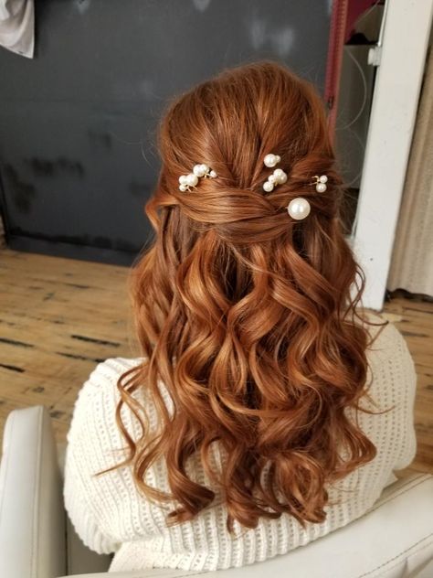 Bridal Hairstyles Half Up Half Down Red Hair, Wedding Red Hairstyles, Wedding Hair Red Hair, Red Hair Bridesmaid Hairstyles, Red Hair Bride Hairstyles, Auburn Bridal Hair, Prom Hairstyles For Red Hair, Auburn Hair Half Up Half Down, Red Hair Formal Hairstyles