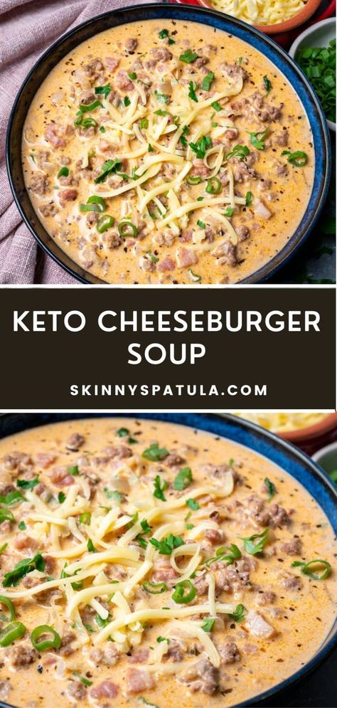 Keto Cheeseburger Soup – Skinny Spatula Keto Soup Easy, Quick Keto Soup, Creamy Keto Soup Recipes, Hearty Keto Soup Recipes, Turkey Cheeseburger Soup, Keto Cheeseburger Soup Recipes, Gluten Free Cheeseburger Soup, Carnivore Cheeseburger Soup, Keto Creamy Soups