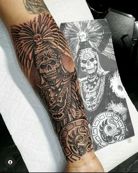 Mexican Forearm Tattoo Men, Aztec Skeleton Tattoo, Mexican Mayan Tattoos, Aztec Half Sleeve Tattoo For Men, Aztec Tattoo Ideas For Men, Mexican Arm Sleeve Tattoos, Mexican Tattoo Ideas For Men Forearm, Mexican Leg Tattoo, Aztec Forearm Tattoo For Men