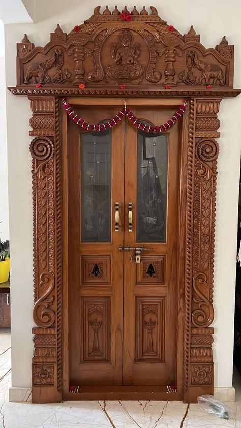 Pooja Wooden Door Design, Pooja Room Frame Design, Pooja Room Carving Designs, Wood Pooja Room Design, Chettinad Door Designs, Main Door Design Photos Indian, Pooja Door Design Indian Homes, Pooja Room Door Design Wood Carving, Puja Door Design