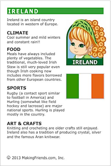 MakingFriends Facts about Ireland Printable Thinking Day fact card for our passports. Perfect if you chose Ireland for your Girl Scout Thinking Day or International Night celebration. Facts About Ireland, Ireland Facts, Irish Cooking, St Patricks Day Crafts For Kids, St Patrick Day Activities, Country Studies, Country Facts, World Thinking Day, Irish Culture