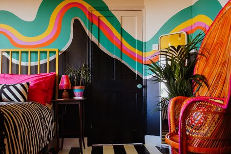 Funky Bedroom Wall Paint Ideas, Trippy Mural Wall Art, Painted Bed Frame, Walls In Bedroom, Trippy Accent Wall, Painted Bed Frames, Mermaid Palace, Paintings On Walls Bedrooms Trippy, Retro Groovy Wall Mural