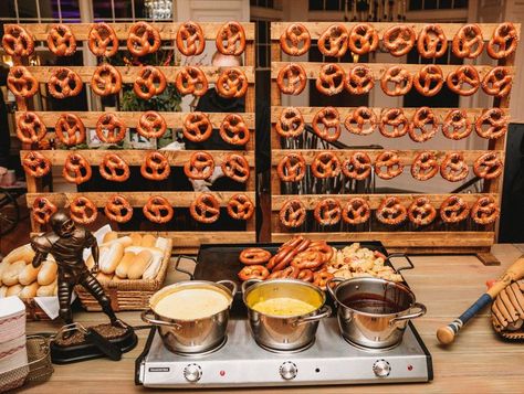 Dinner Stations Wedding, Soft Pretzels At Wedding, Soft Pretzels Wedding, Snack Buffet Wedding, Pretzel Bar Sign, Soft Pretzel Board Wedding, Soft Pretzel Station, Wedding Soft Pretzel Bar, Nontraditional Wedding Food