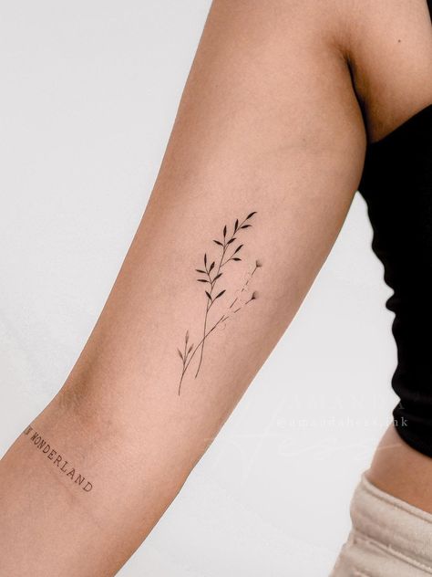 Delicate Bicep Tattoo Women, Fine Line Upper Arm Tattoos For Women, Immer Arm Tattoo Women, Tattoo Inner Bicep Woman, Tattoo Ideas Female Bicep, Subtle Arm Tattoos For Women, Simple Bicep Tattoos For Women, Arm Crease Tattoo Inner, Inside Upper Arm Tattoo