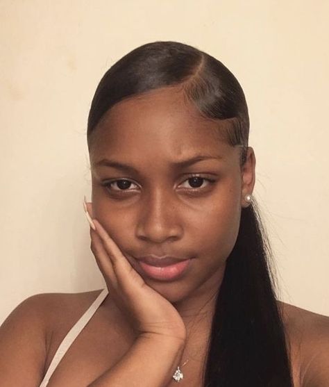 🥀💕 Pin: xbrattt 💕🥀 Slicked Back Ponytail With Swoop, Edges For Slick Back Ponytail, Sleek Ponytail With Swoop, Natural Slick Back Ponytail, 3 Part Ponytail, Swoop Ponytail, Slick Ponytail, Slicked Back Ponytail, Weave Ponytail Hairstyles