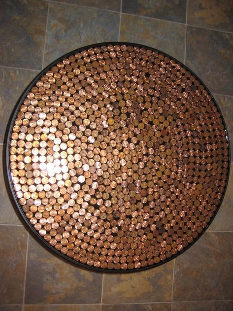 14 Creative Penny Ideas | Craft projects for every fan! Coins Art Ideas, Penny Floors, Pennies Crafts, Penny Decor, Penny Floor Designs, Penny Table Tops, Penny Craft, Penny Wall, Penny Crafts