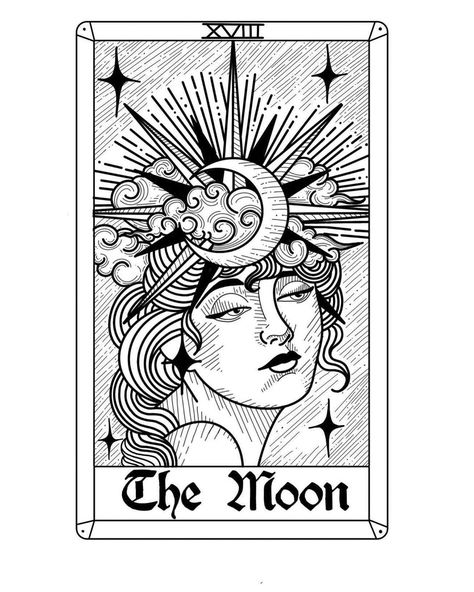 Sun Moon And Stars Tarot Tattoo, Sun And Moon Tarot Card Drawing, Tarot Card Moon Tattoo, Tarot Cards Sun And Moon, Tarot Cards Tattoo Design, Soon And Moon Tattoo, Art Deco Moon Tattoo, Pisces Tarot Card Tattoo, Moon Tarot Card Tattoo Design