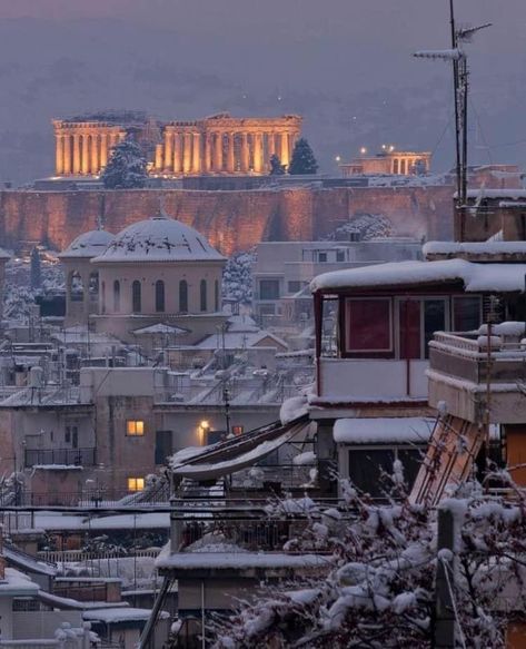 Athens Greece Winter, Athens In Winter, Snow In Greece, Greece In Winter, Winter In Greece, Athens Greece Aesthetic, Greece Winter, Athens Aesthetic, Euro Winter